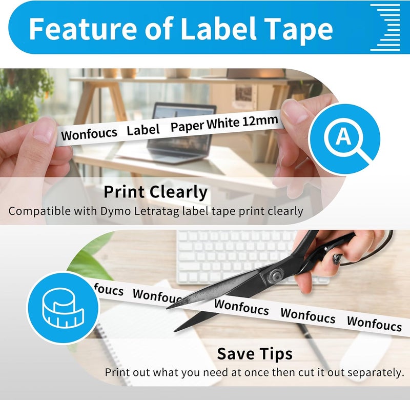 Wonfoucs Compatible with Dymo Label Make Refills 12 mm x 4 m 1/2 x 13 White Paper Label Refill, Compatible with Dymo Letratag Refills for LT-100H LT-110T LT-200B QX50, 5-Pack - Image 4